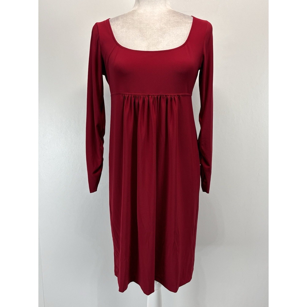 Norma Kamali Red Babydoll Dress Medium Scoop Neck Stretchy Holiday Ruched Sleeve